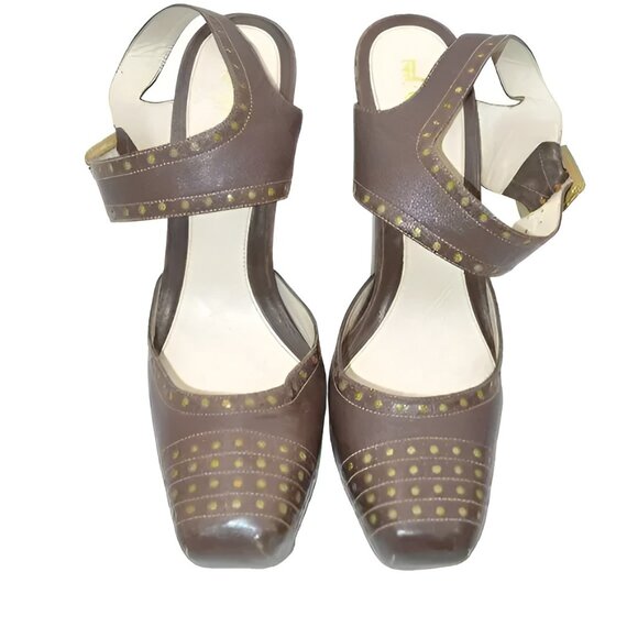 L.A.M.B Gold Studded Brown Leather Square Toe Structured Slingback 6" Heels 10 - Picture 2 of 7